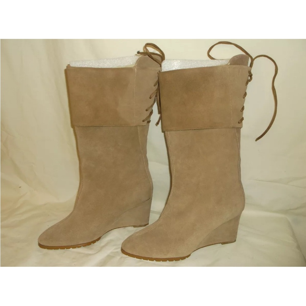 Colin Stuart Tan Suede Leather Slip ON Back Laced Wedge Boot 7.5 M NEW DISPLAY
